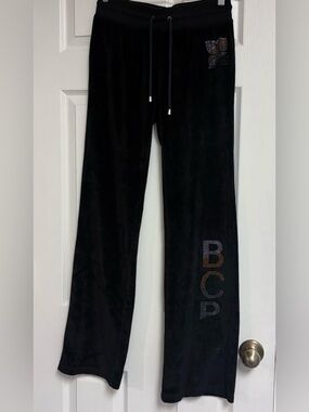 BCBG size M Black Velvet Rhinestone Logo Lounge Pants